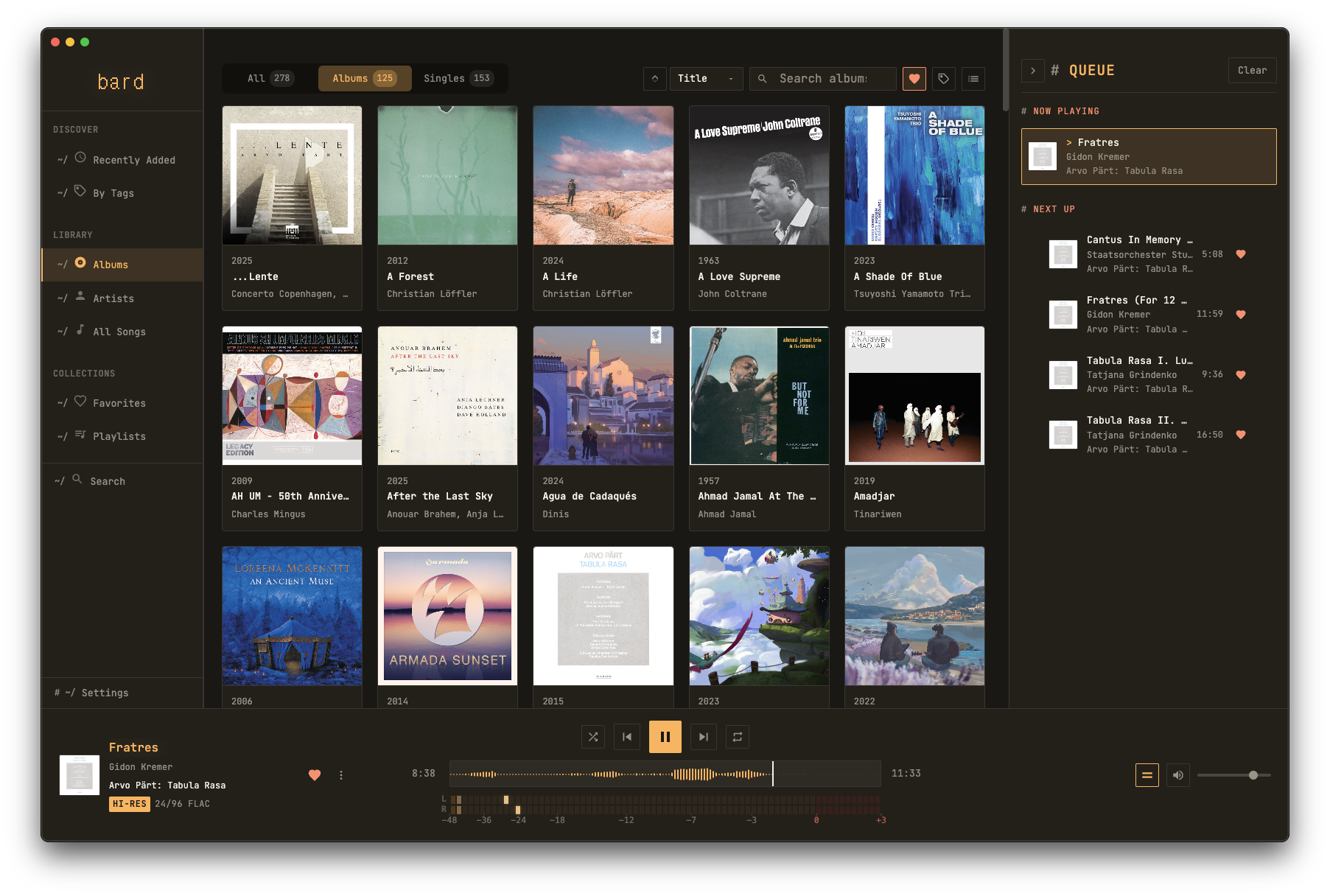 bard desktop application showing album library with sidebar navigation and player controls