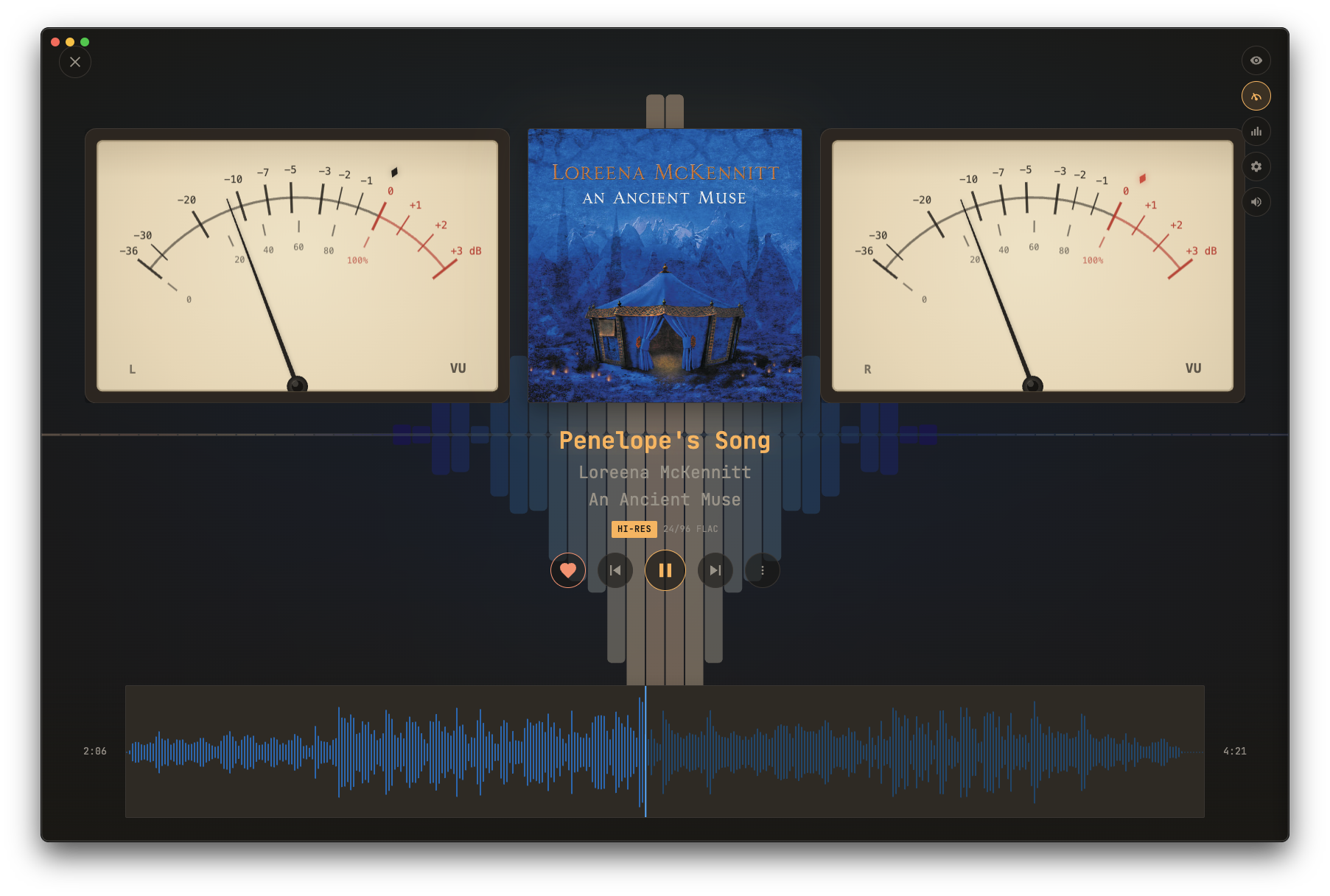 Now Playing with blue ambient background, VU meters, and colorized waveform
