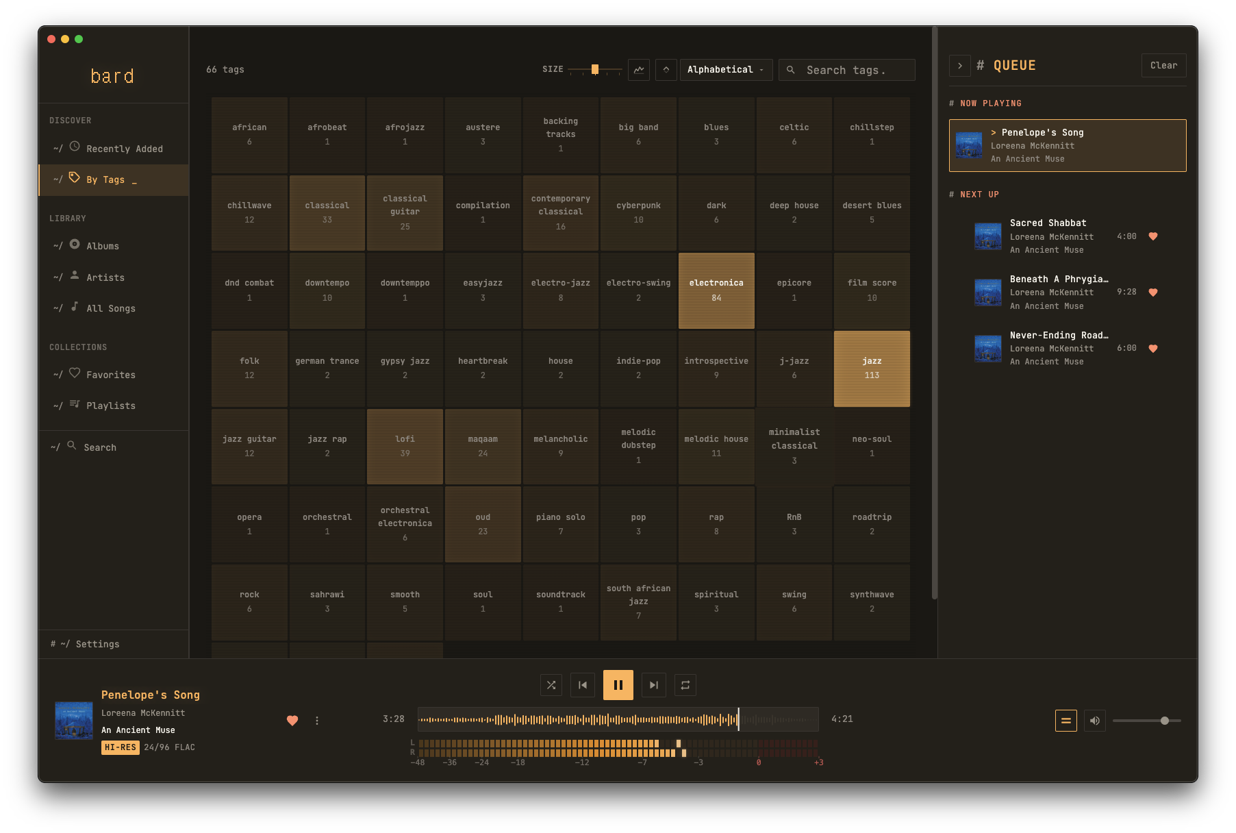 Tag discovery view showing music organized by tags in a visual heatmap